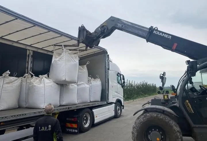 Big bag caricati su un camion con l'aiuto di un carrello telescopico